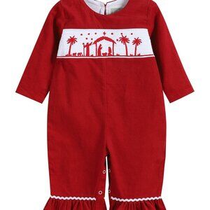Lil Cactus Baby Girl Christmas Red Nativity Smock Ruffle Cuff Overalls S 18-24M